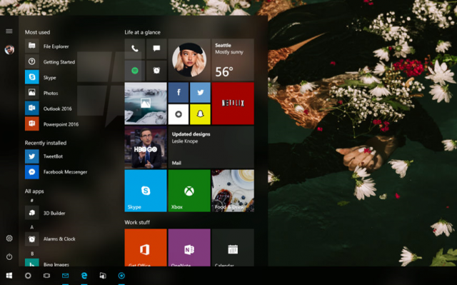 Плитки станут прозрачными в меню «Пуск» в обновлении Windows 10 Redstone 3