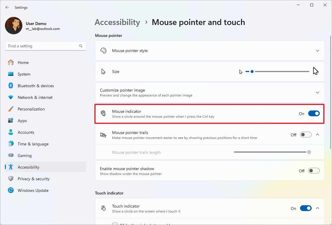 Индикатор мыши Windows 11