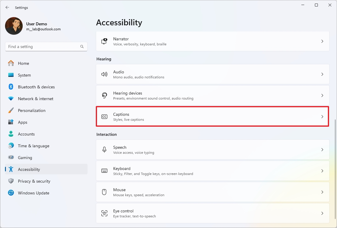 Настройки субтитров Windows 11