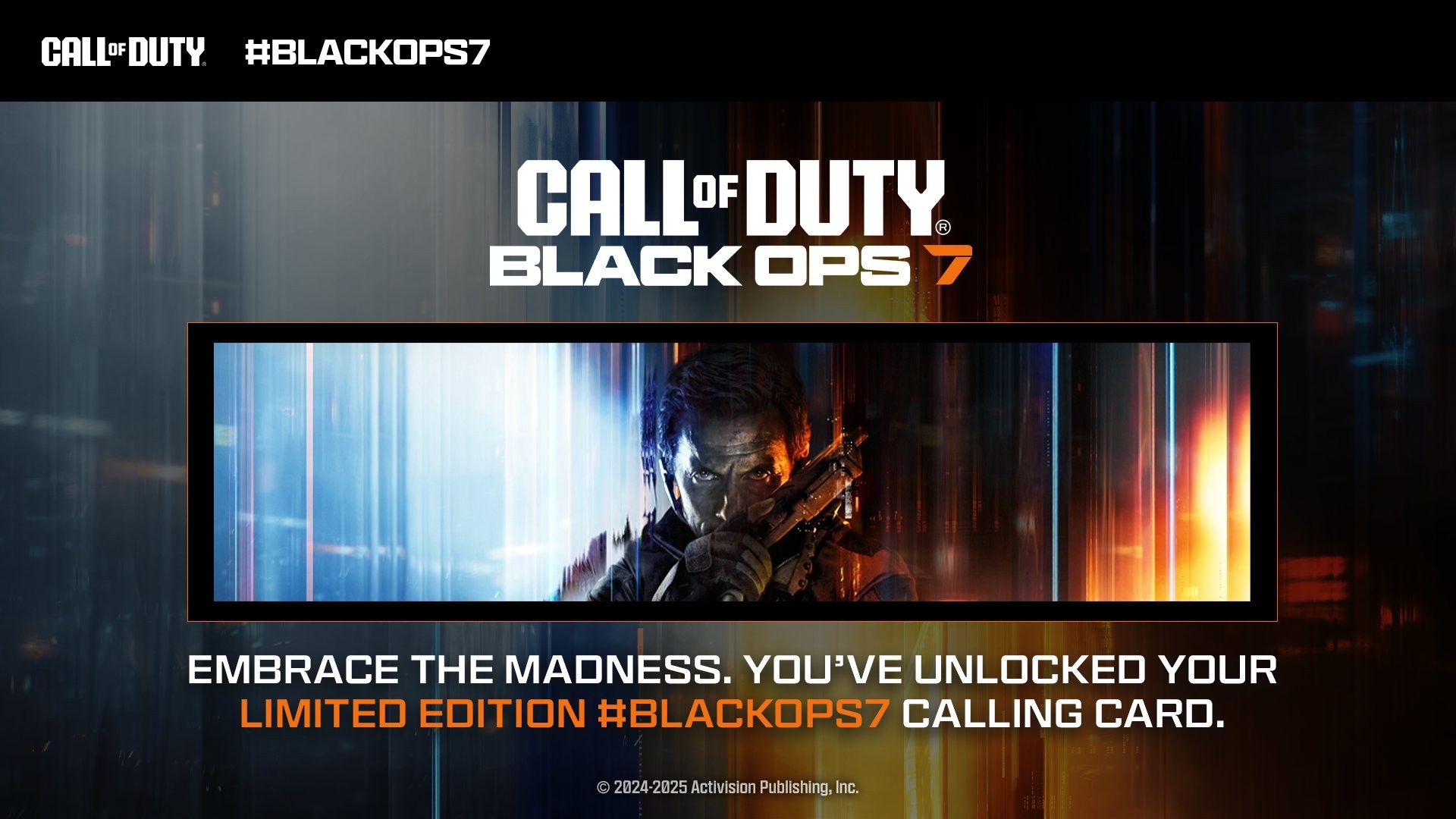 Изображение, отправленное вам Activision, уведомляющее об успешном получении визитки Black Ops 7.