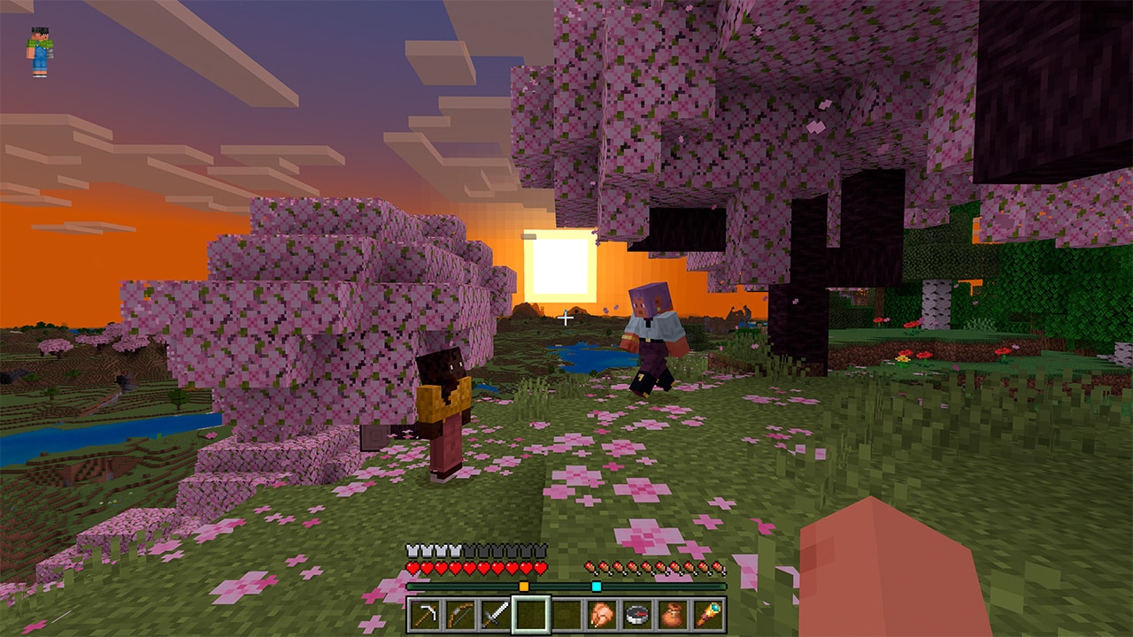 Скриншот Minecraft с двумя персонажами под вишневыми деревьями