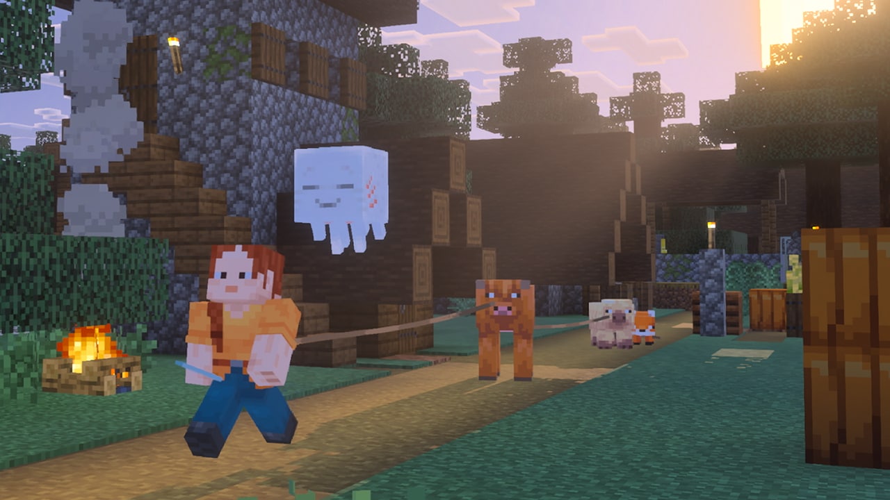 Скриншот Minecraft, показывающий персонажа игрока, счастливого гаста и сельскохозяйственных животных на поводках