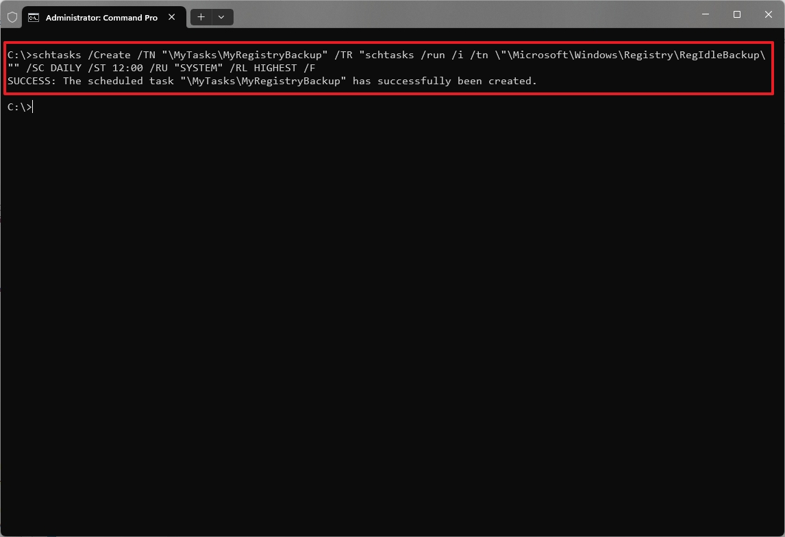 Create task to backup the Registry