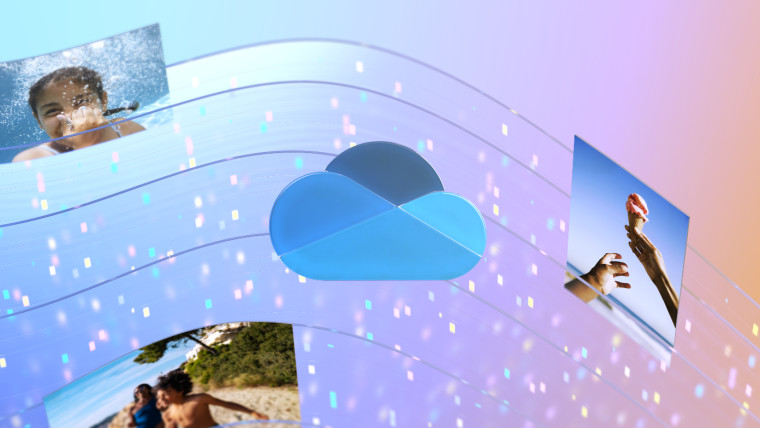 Логотип OneDrive на фоне фотографий