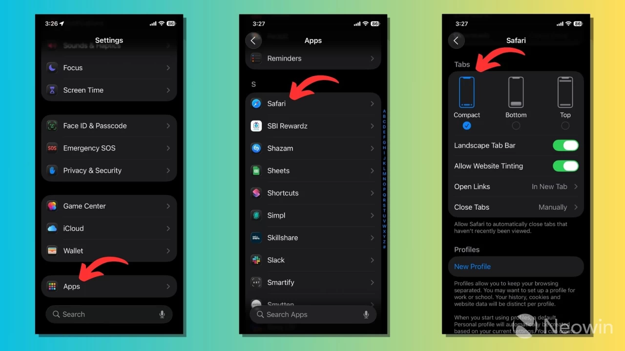 Макеты вкладок iOS 26 Safari