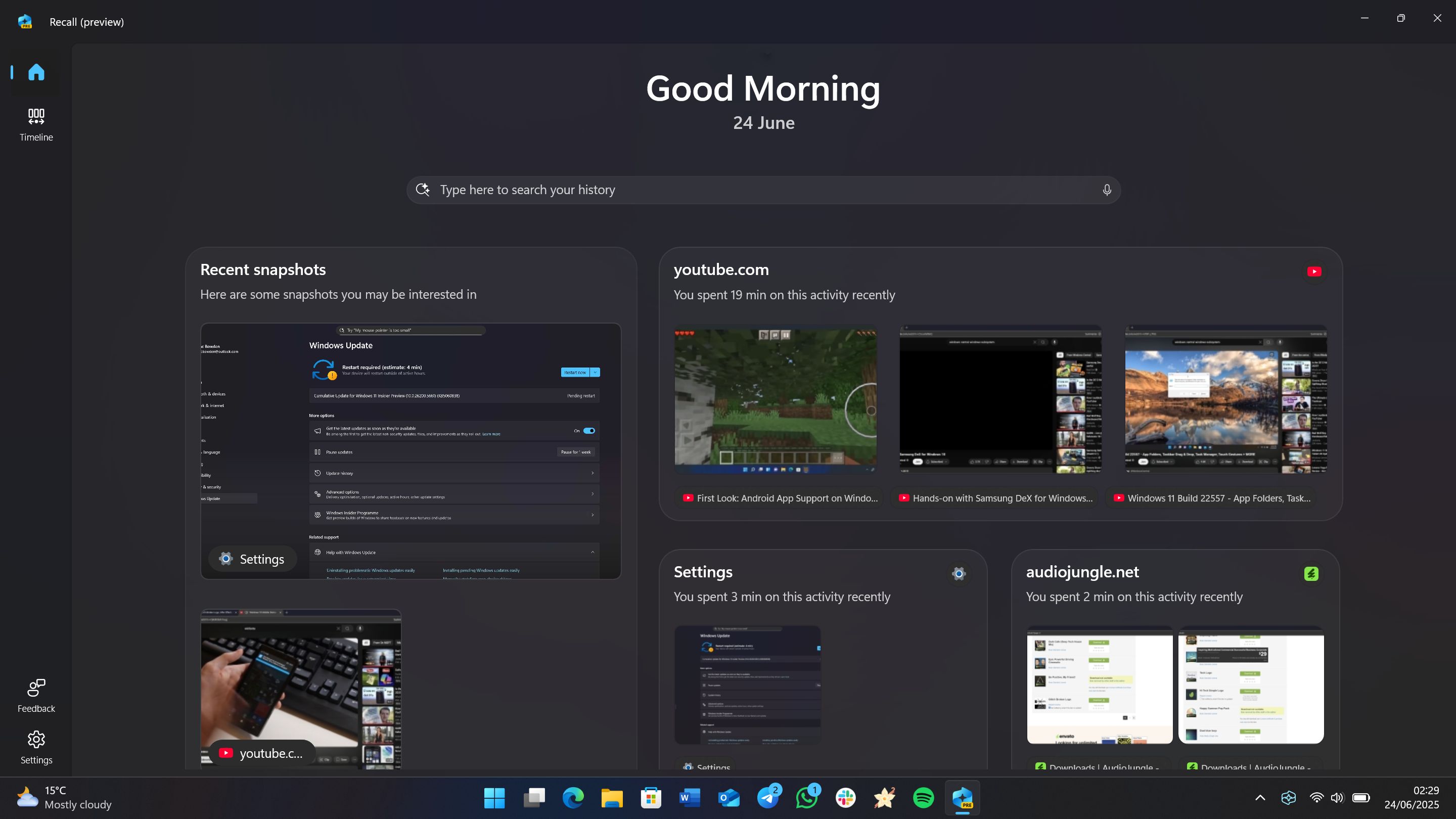 Новая домашняя страница Windows Recall с последними снимками и приложениями