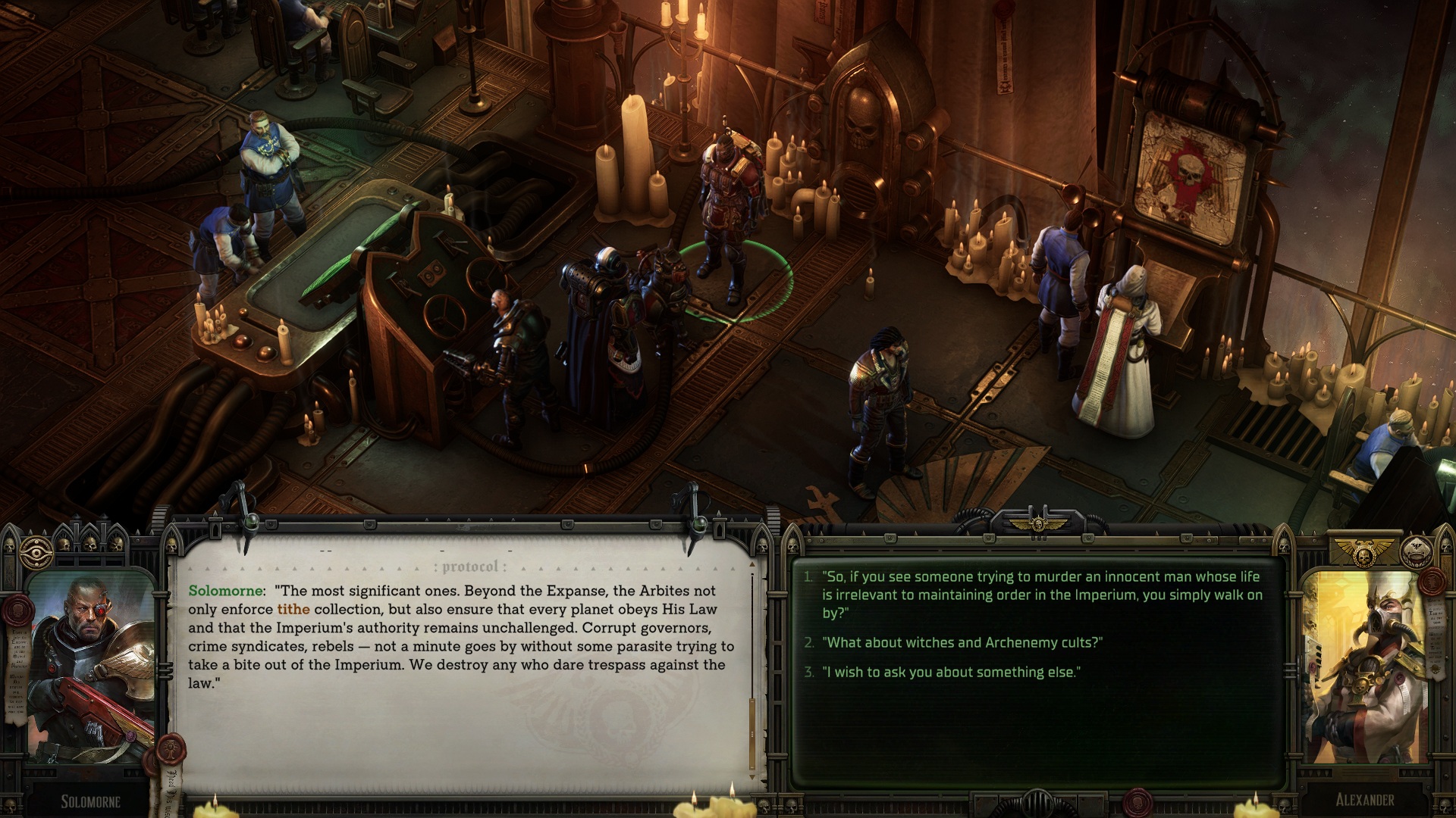 Кадр из игры: игрок разговаривает с Соломорном в Warhammer 40,000: Rogue Trader