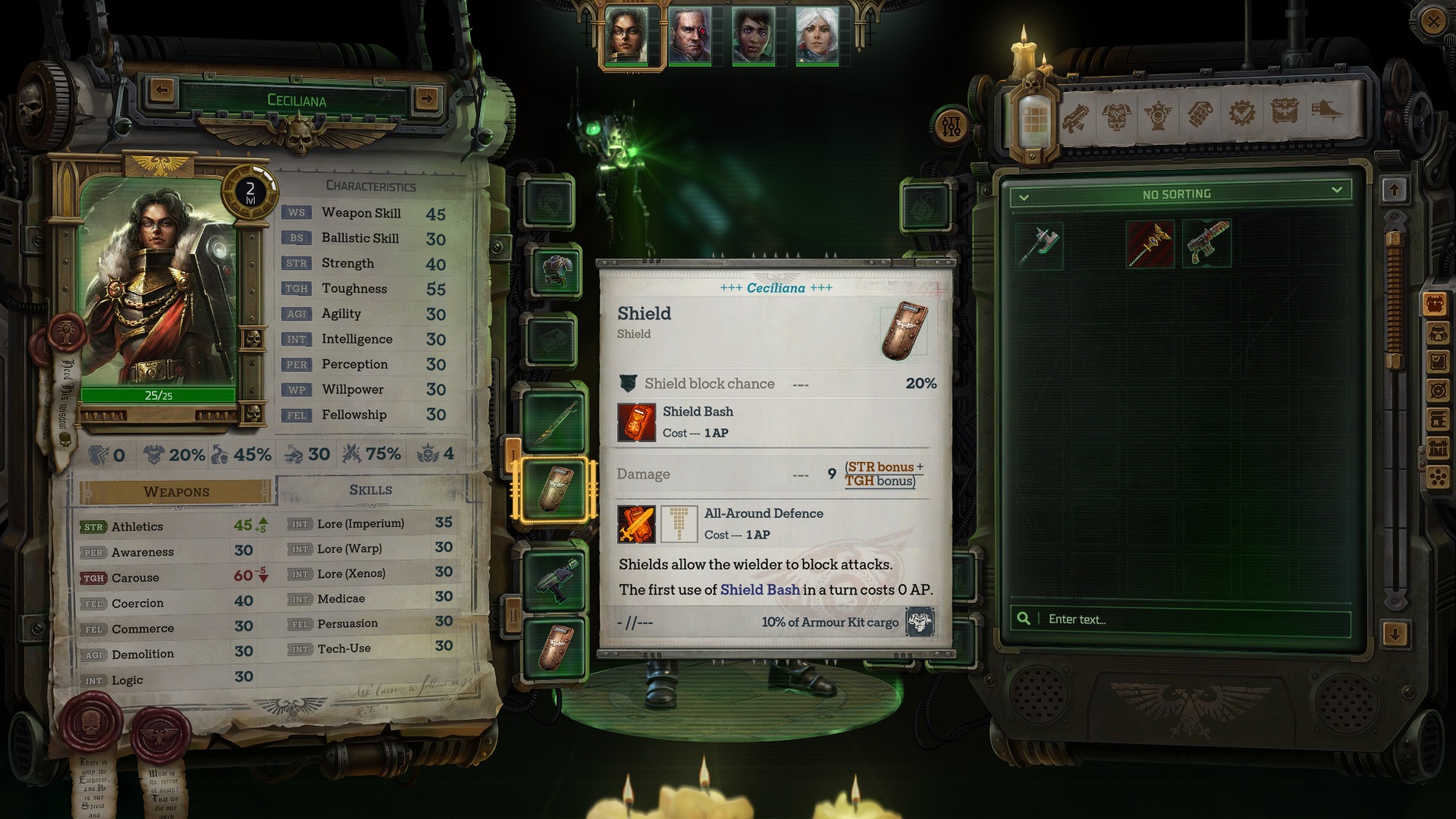 Кадр из игры: игрок подбирает щит в Warhammer 40,000: Rogue Trader