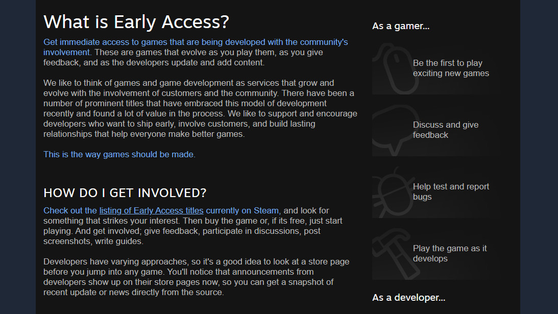 Steam Early access splash page