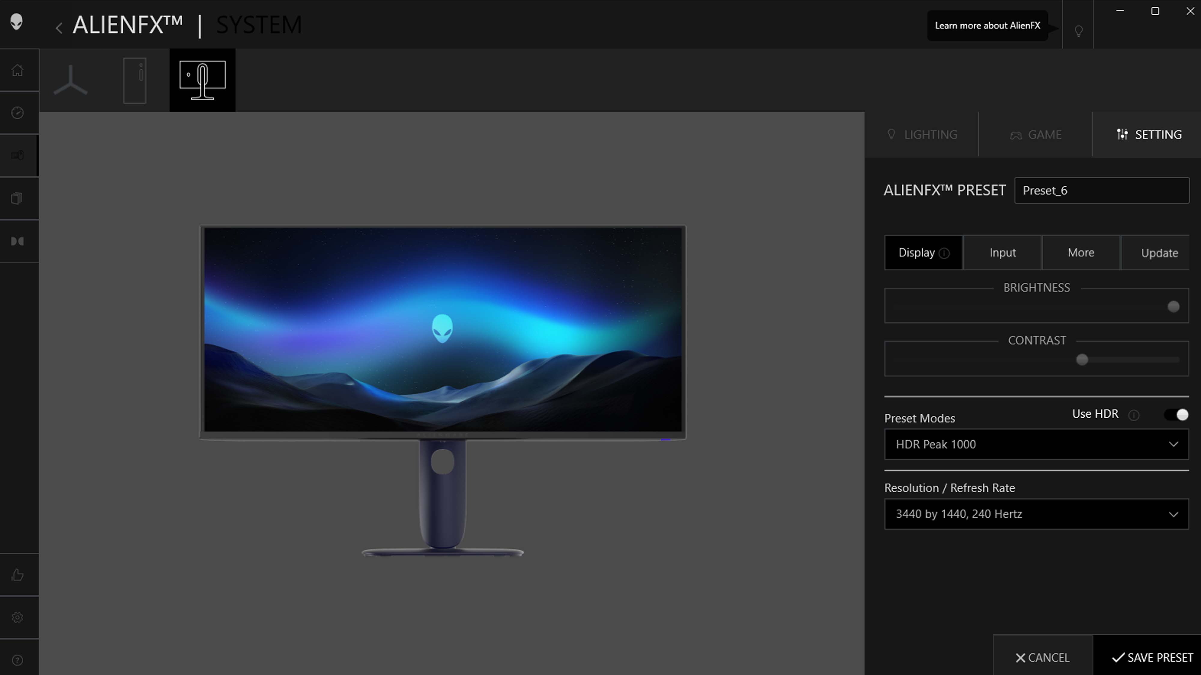 Скриншот приложения Command Center с параметрами настроек для Alienware 34