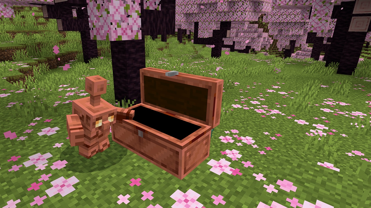 Скриншот Медного голема и других медных элементов в Minecraft.