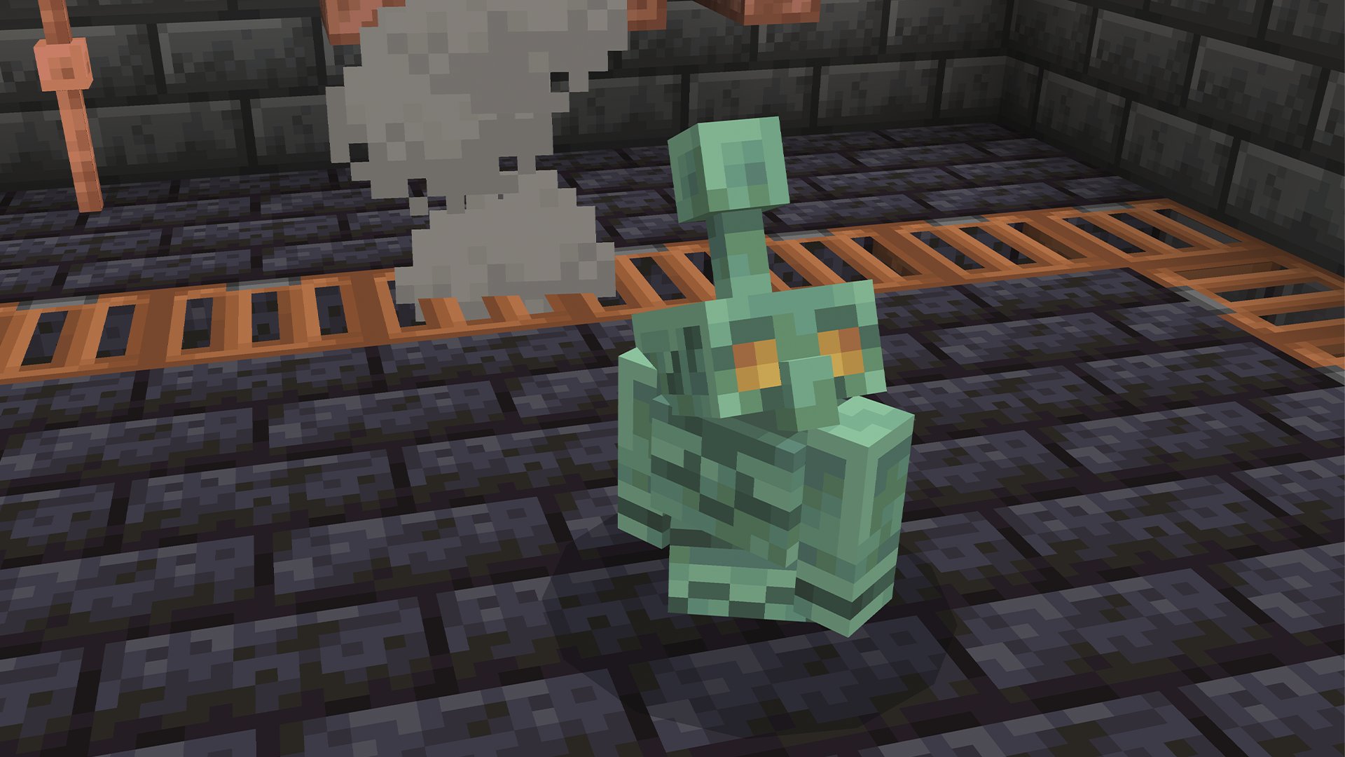 Скриншот Медного голема и других медных элементов в Minecraft.
