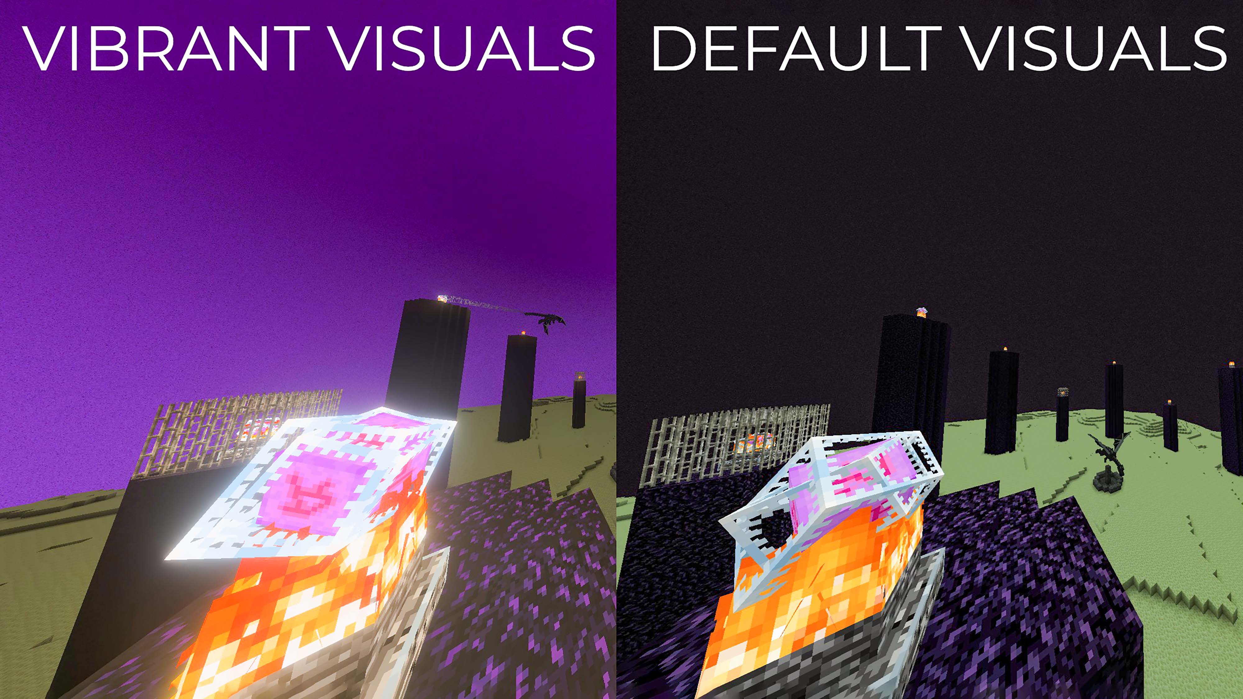 Сравнение одной и той же сцены The End со стандартными визуальными эффектами Minecraft и Vibrant Visuals. Темный мир легче увидеть на изображении Vibrant Visuals.