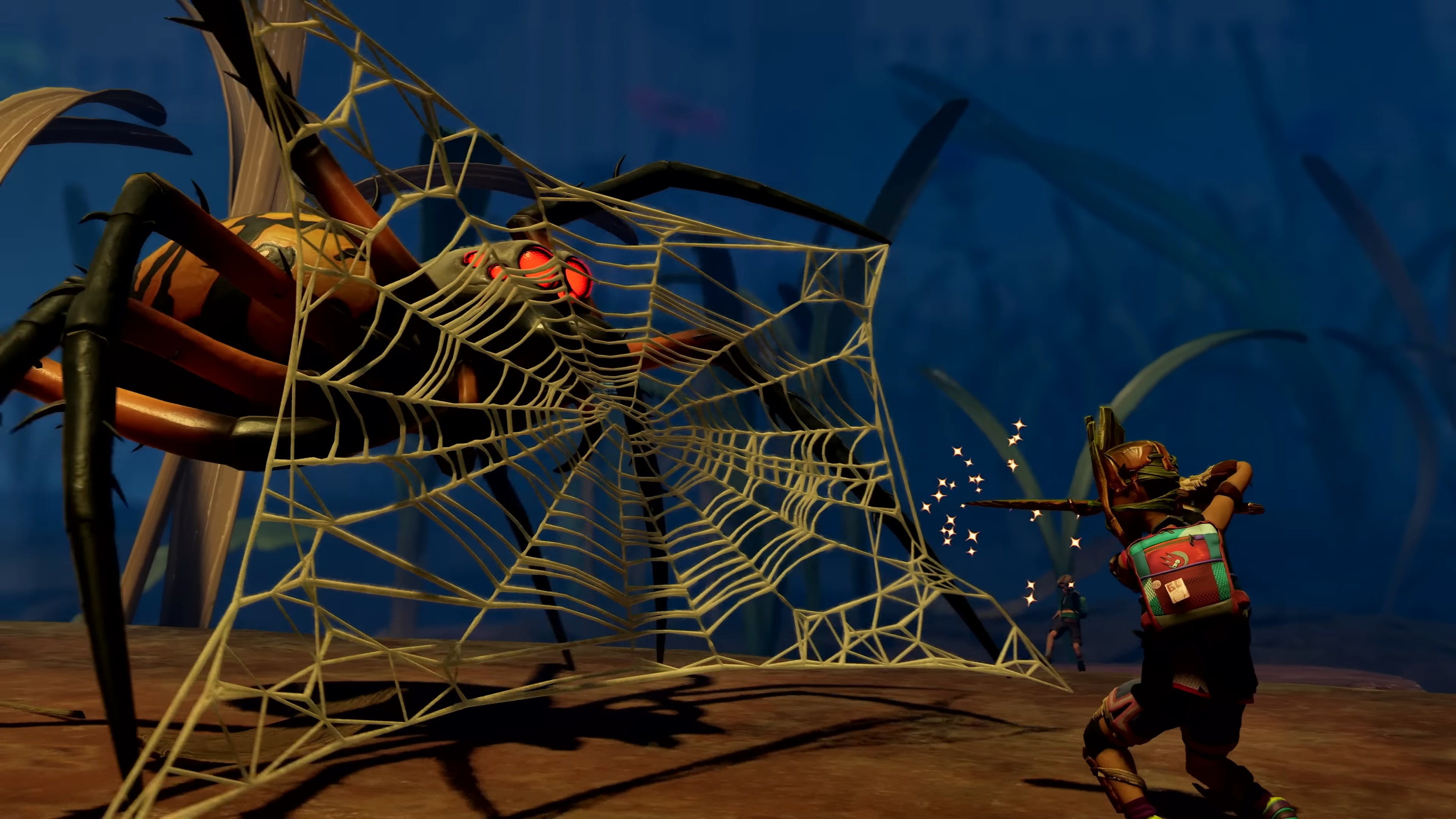 Кадр из игры: паук плетет паутину-щит против игроков в Grounded 2