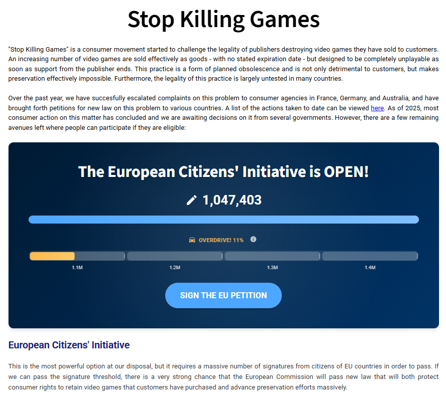 Скриншот веб-сайта Stop Killing Games, демонстрирующий кампанию Европейской гражданской инициативы. На странице выделена цель принятия законодательства через Европейскую комиссию и описывается движение как вызов запланированному устареванию в цифровых играх.