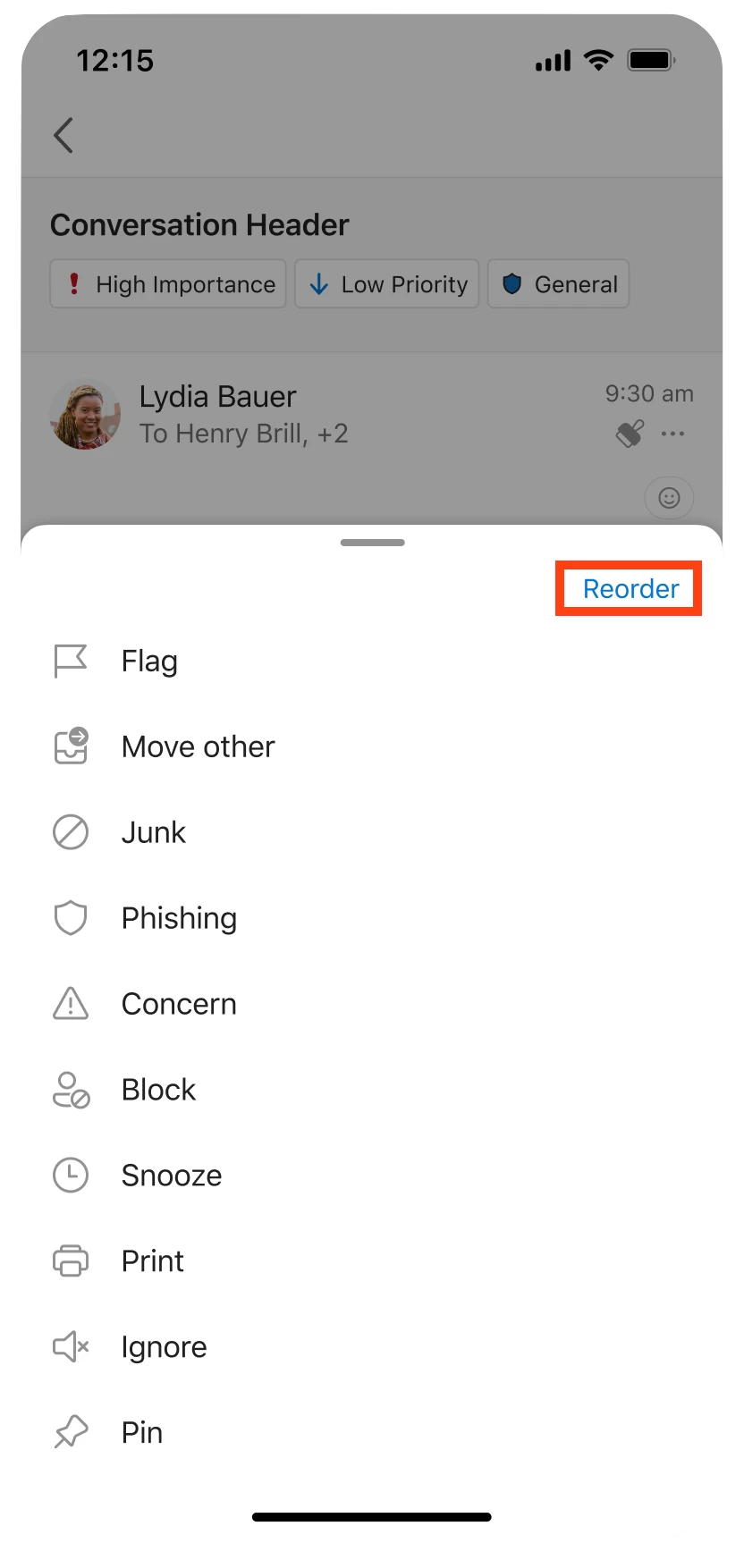 Кнопка изменения порядка действий в Microsoft Outlook