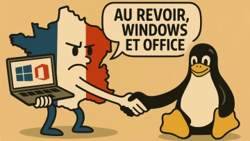 A cartoon of angry France ditching Windows and Office on a laptop and shaking hands with the Linux p