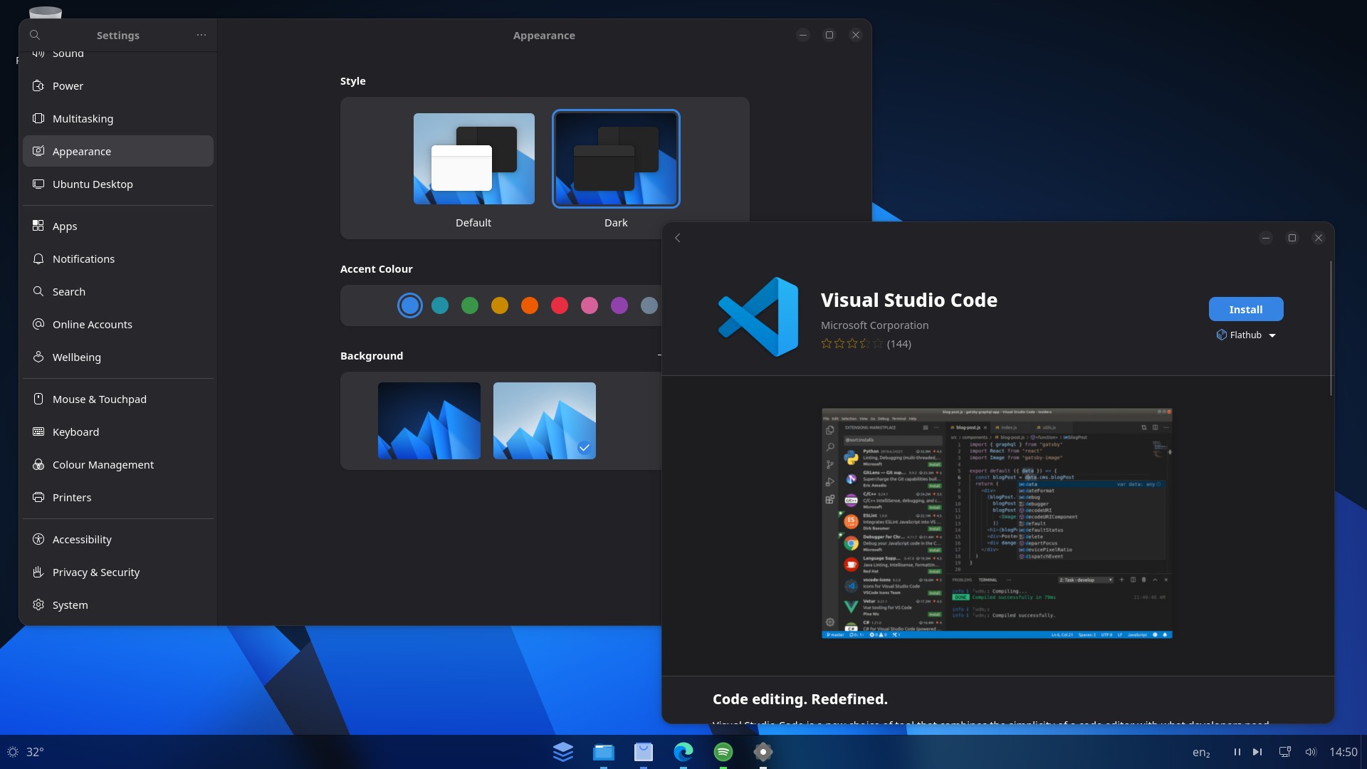 Настройки AnduinOS и каталог приложений с Microsoft VS Code.