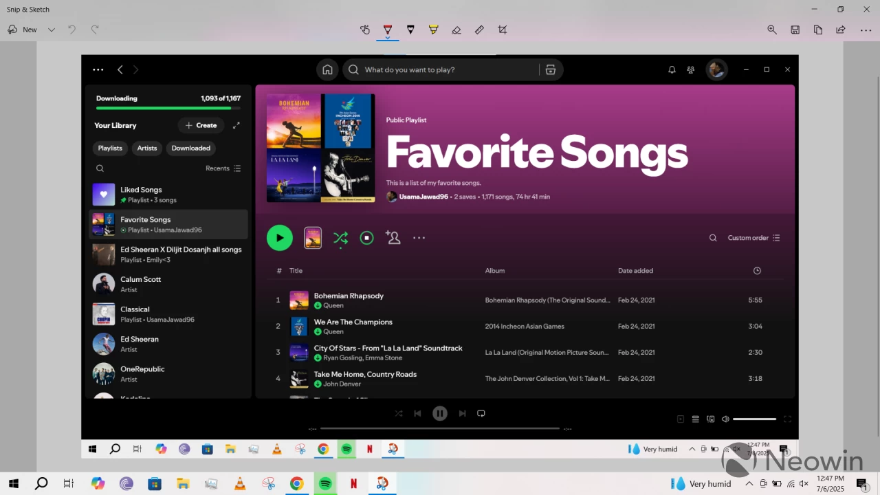 Интерфейс Snip and Sketch для скриншота Spotify в Windows 11