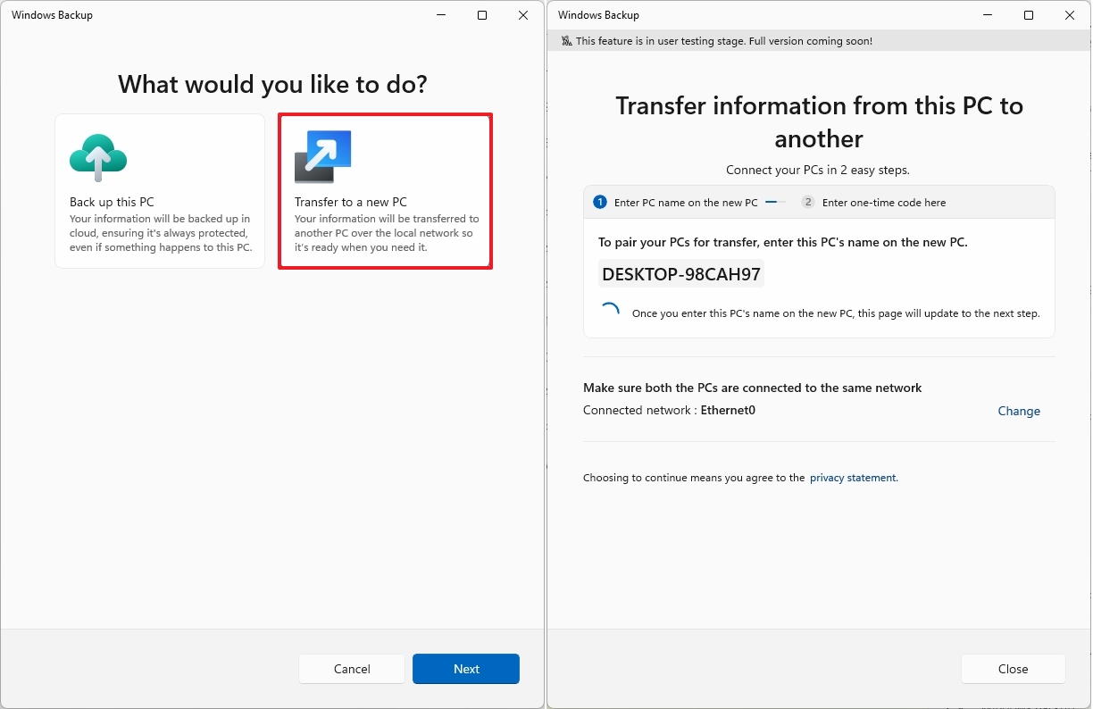 Перенос данных с ПК на ПК в Windows Backup