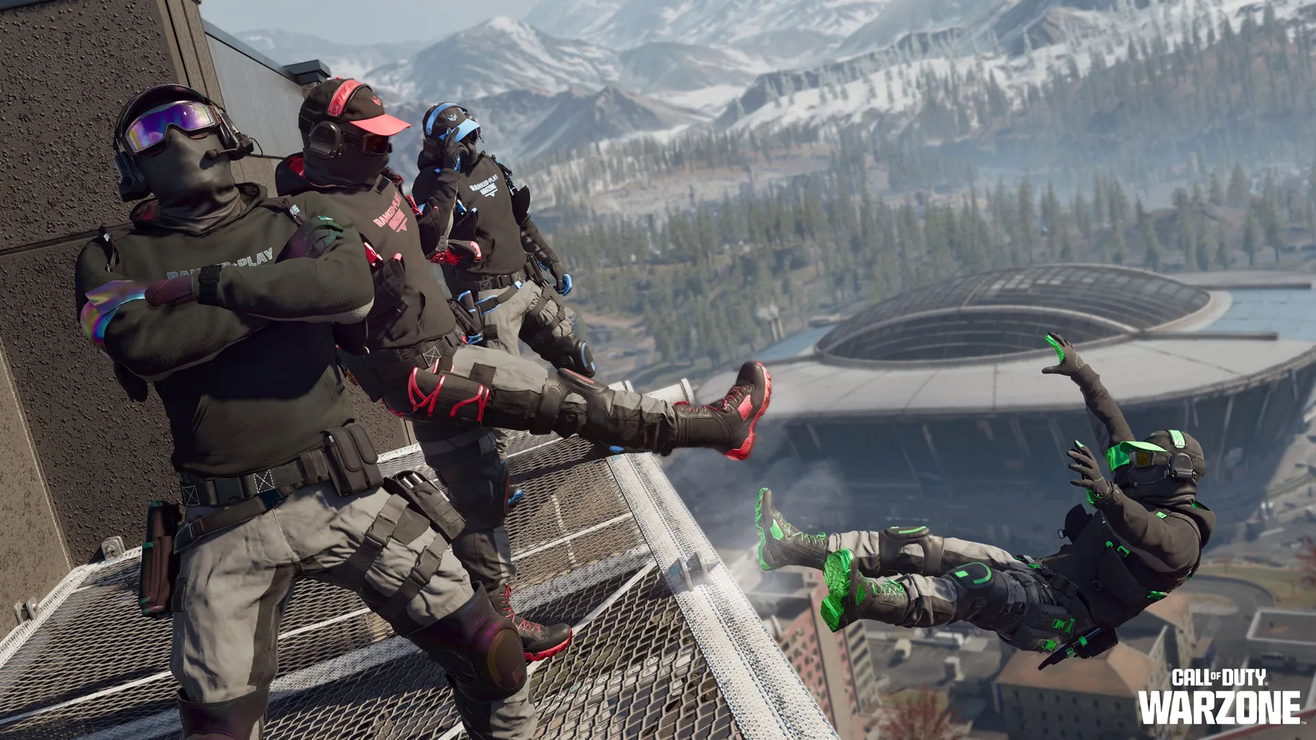 Call of Duty: Warzone Ranked Play Season 4 promotional images of a squad member being kicked off of the high rise.