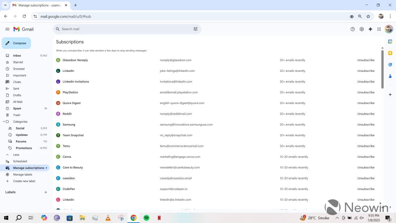 Раздел "Управление подписками" в Gmail