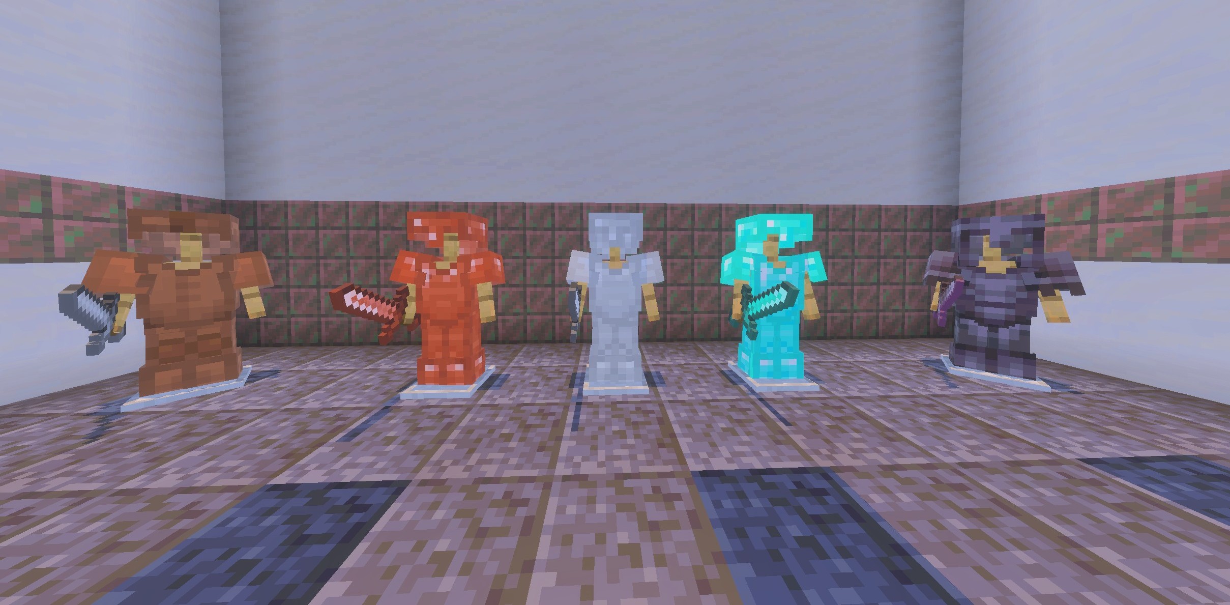 Сравнение комплектов брони Minecraft, выставленных на подставках для брони. Слева направо: Кожаная броня с каменным мечом, Медная броня с медным мечом, Железная броня с железным мечом, Алмазная броня с алмазным мечом и Незеритовая броня с незеритовым мечом.