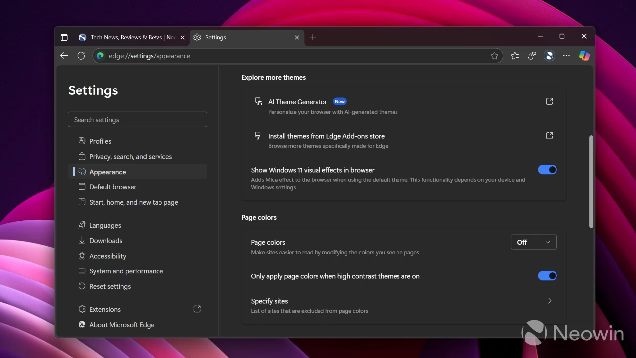 Настройки Mica в Microsoft Edge
