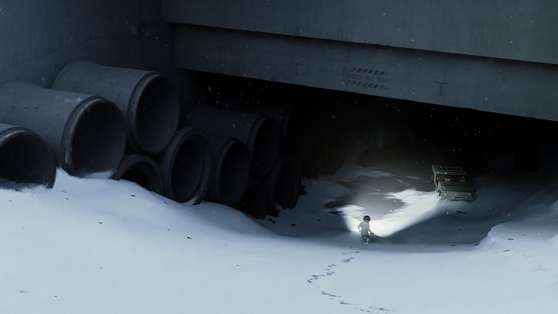 A man leaves footprints in snow as he walks under a giant structure