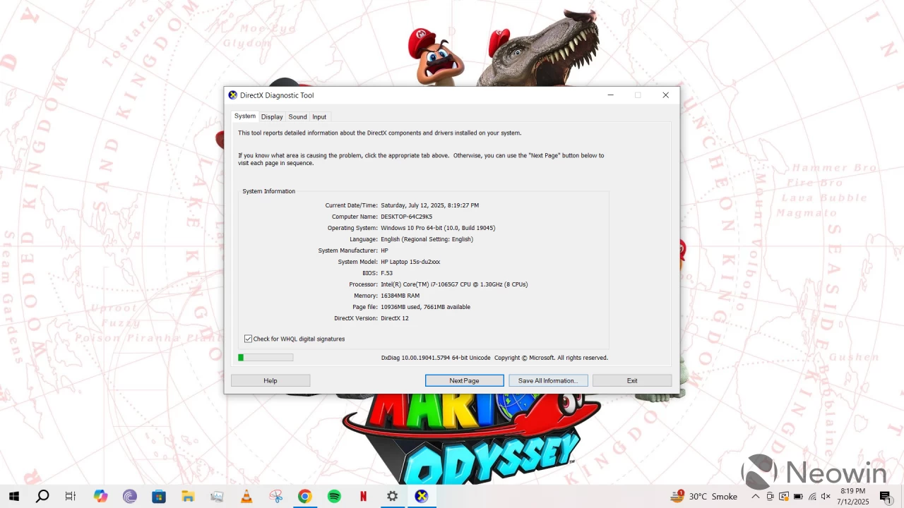 Windows 10 Dxdiag open on desktop