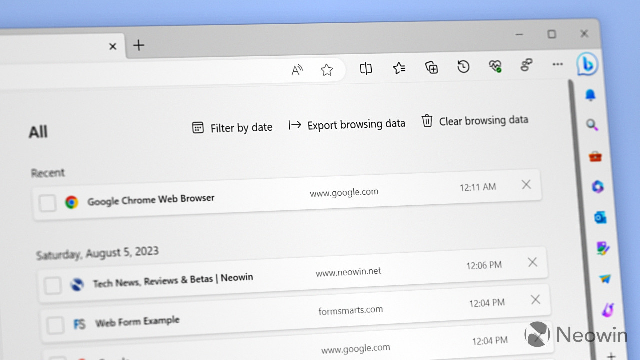 A screenshot of Microsoft Edge browsing history page