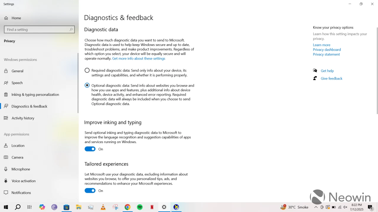The Diagnostics and Feedback settings page in Windows 10