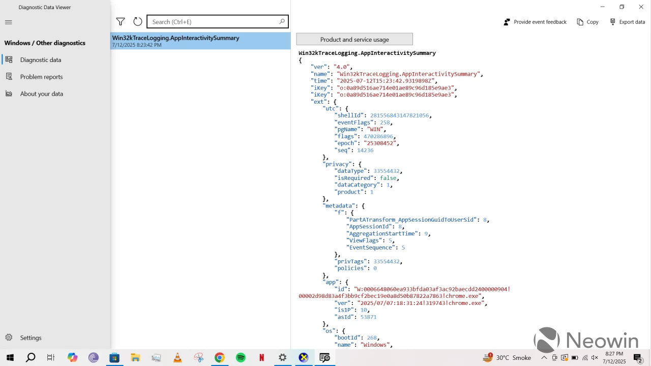 Diagnostic Data Viewer open in Windows 10