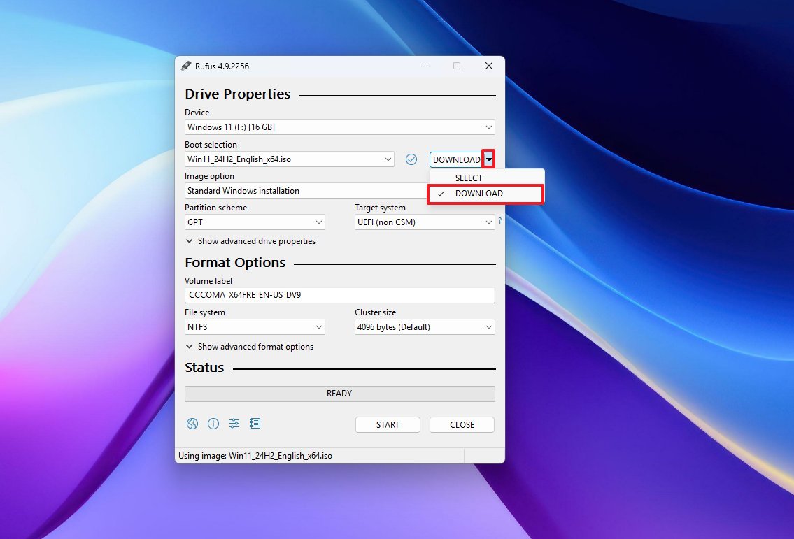 Rufus download ISO option
