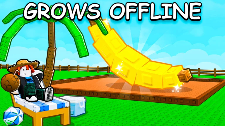Персонаж Roblox сидит в шезлонге и отдыхает, пока его растение растет на заднем плане, с акцентом на то, что растение растет в автономном режиме.