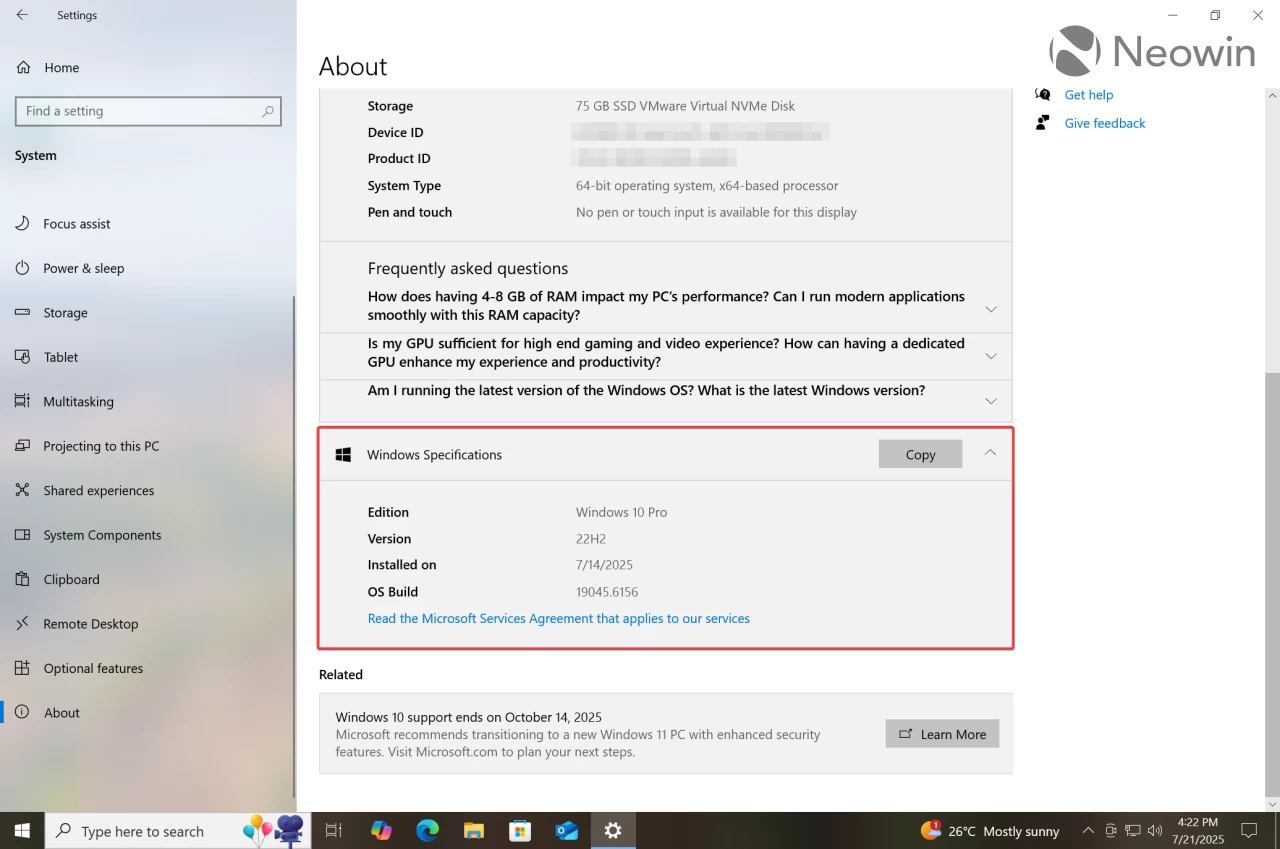 Раздел "О системе" в параметрах Windows 10