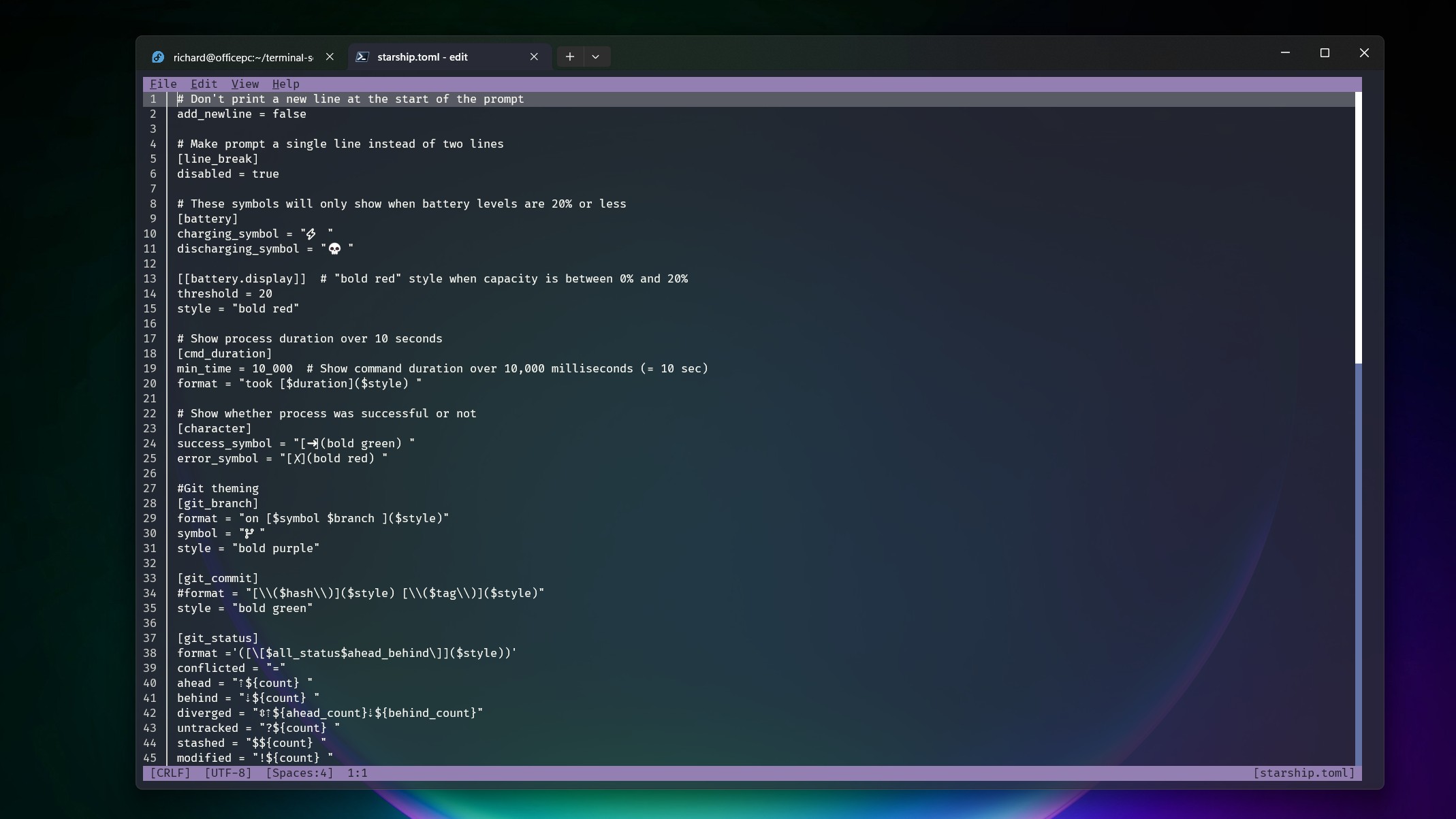Файл конфигурации Starship, открытый в Microsoft Edit в Windows Terminal.