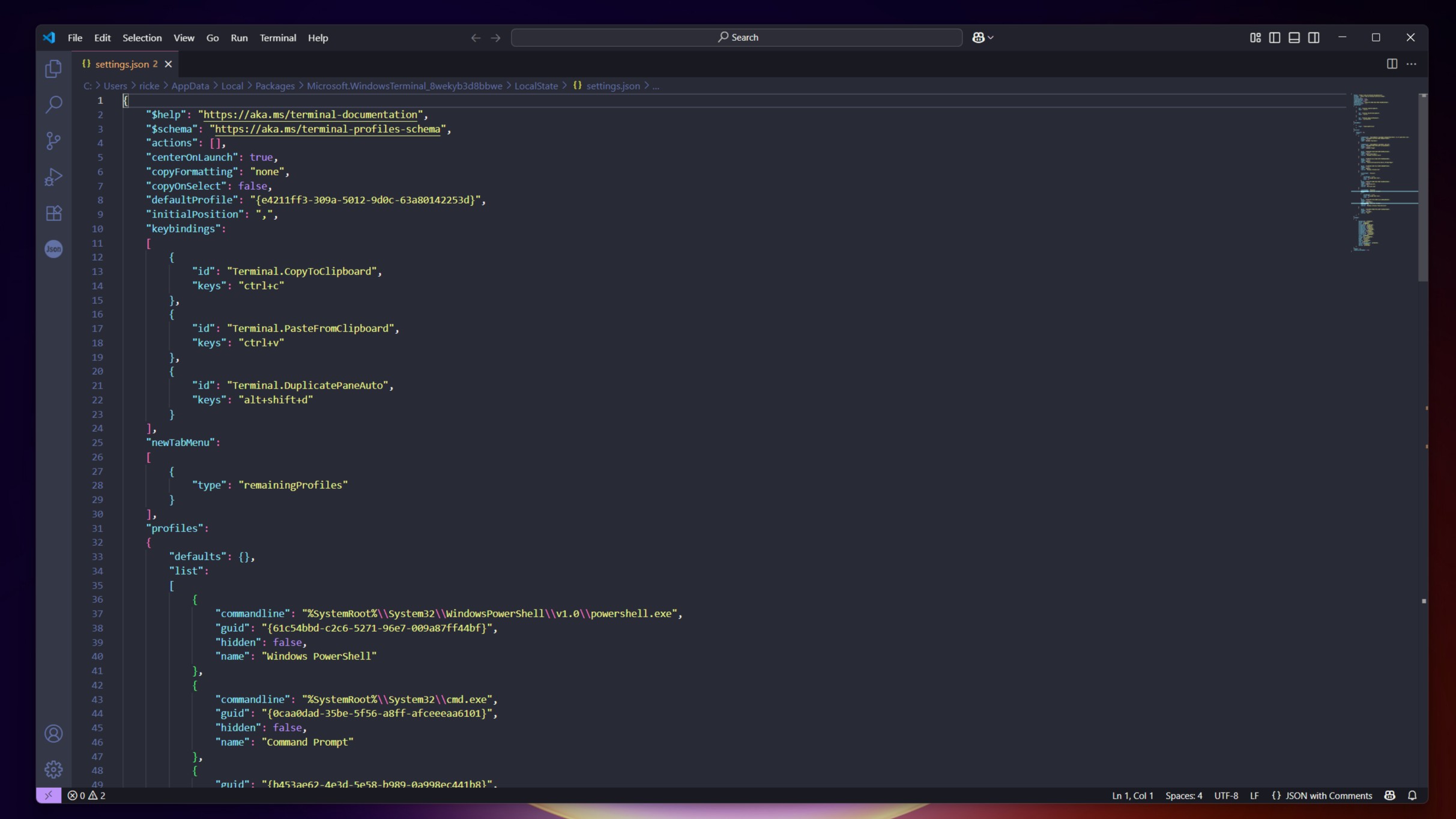JSON-файл настроек Windows Terminal, открытый в Microsoft VS Code.