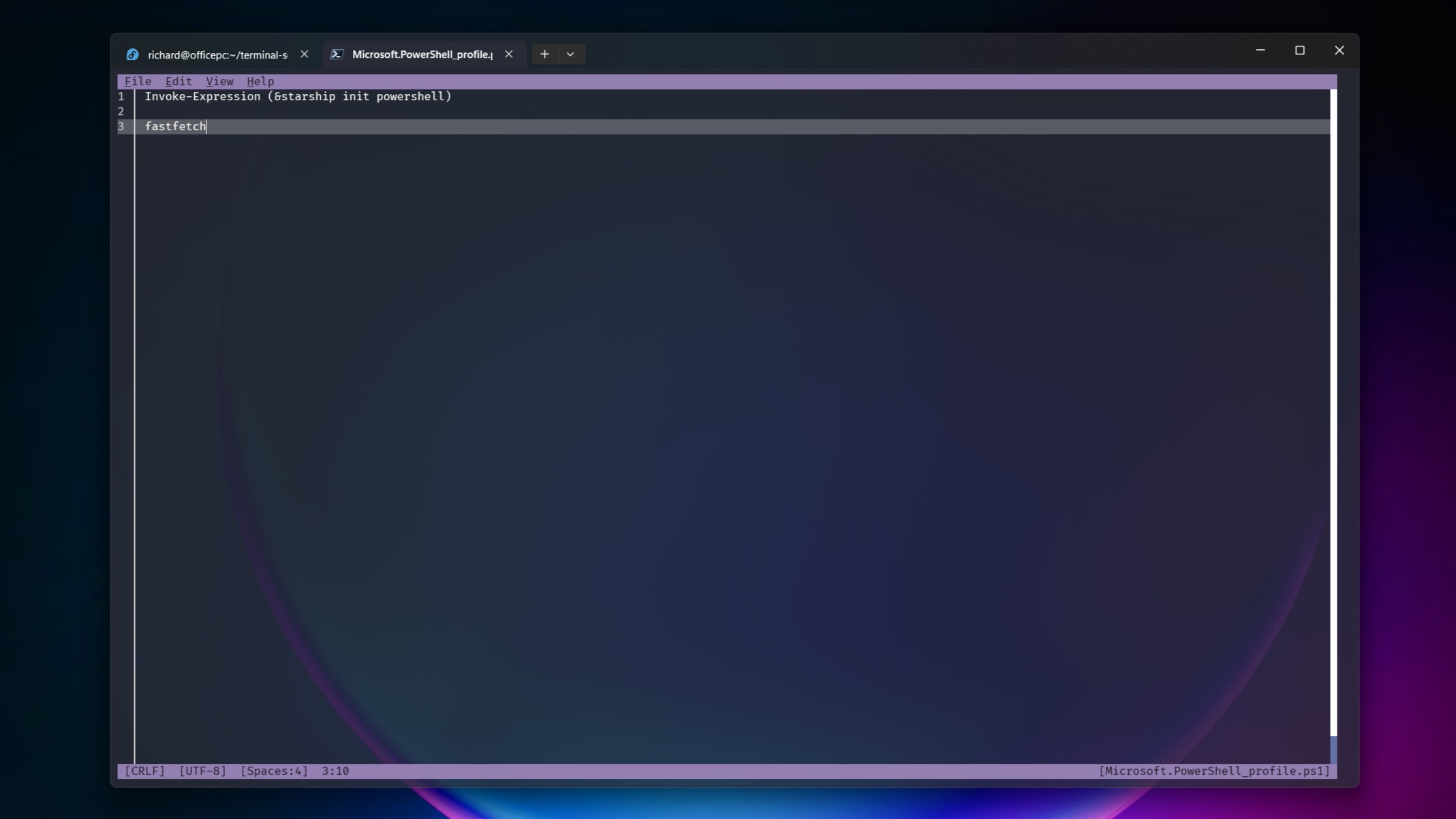 Профиль PowerShell, открытый в Microsoft Edit внутри Windows Terminal.