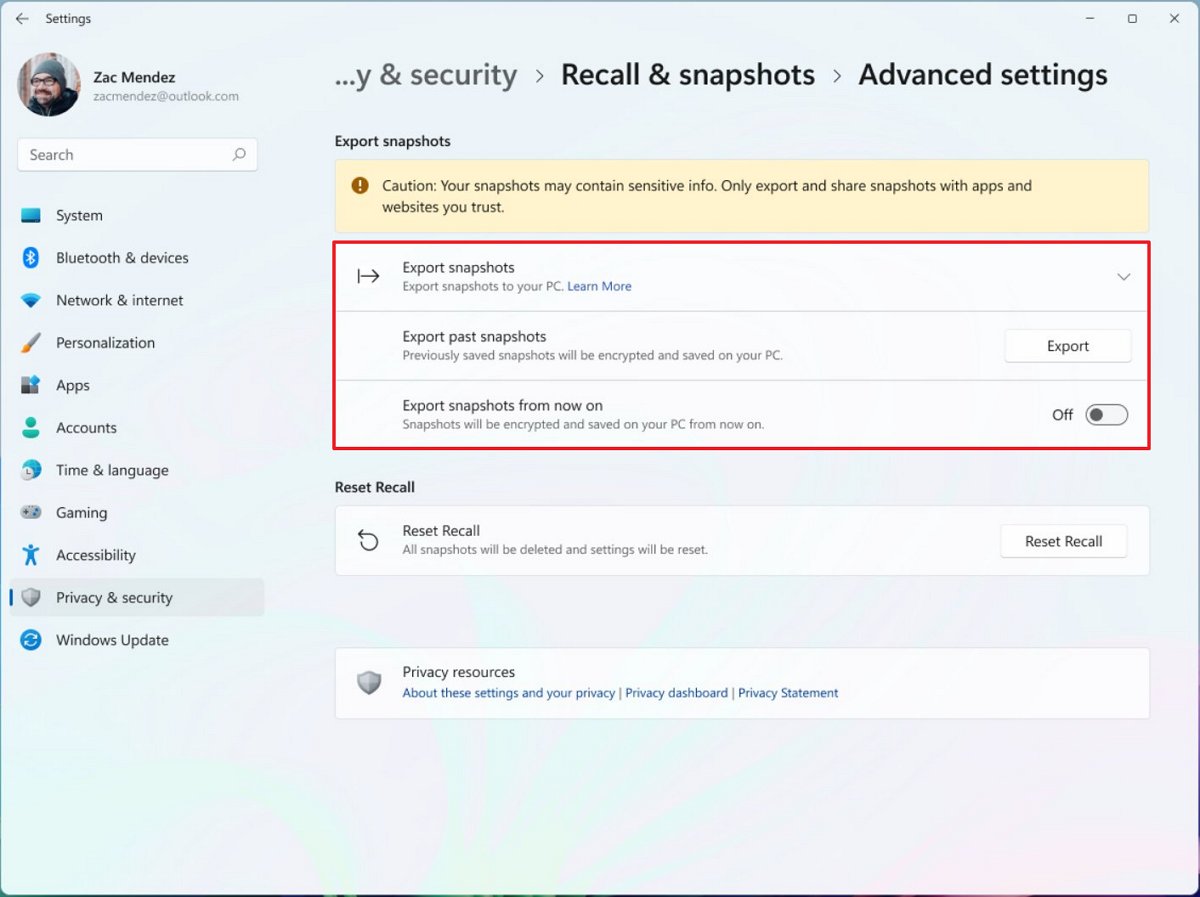 Windows Recall Advanced settings page