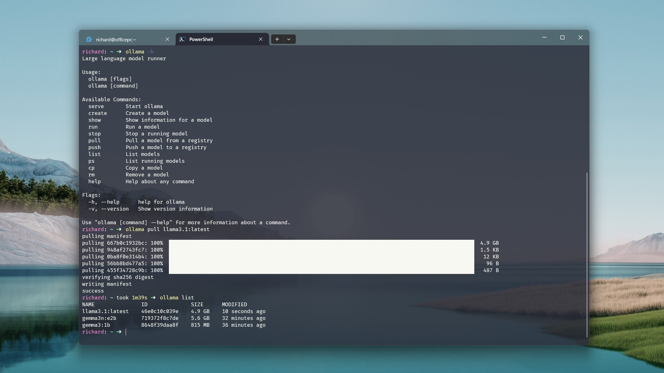 Интерфейс командной строки Ollama через PowerShell в Windows Terminal в Windows 11
