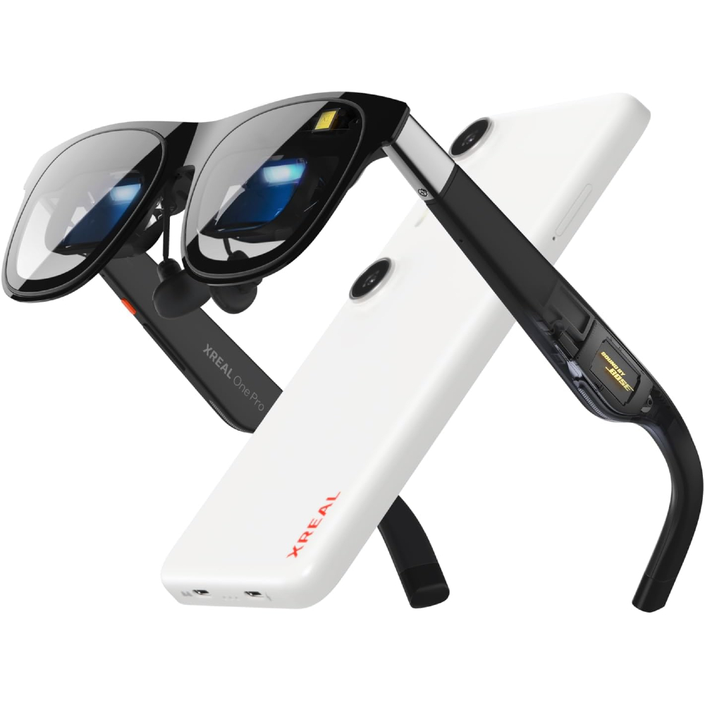 Render of the XREAL One Pro AR glasses and XREAL Beam Pro AR phone.
