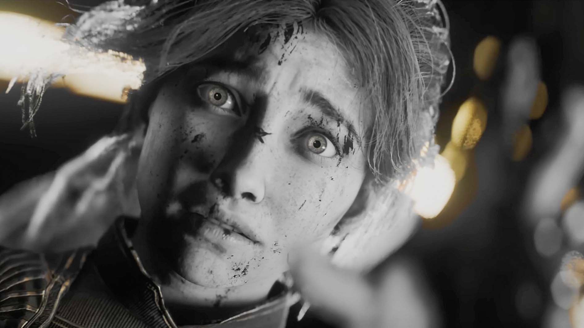 A black white and gold closeup of Maelle from Clair Obscur: Expedition 33.