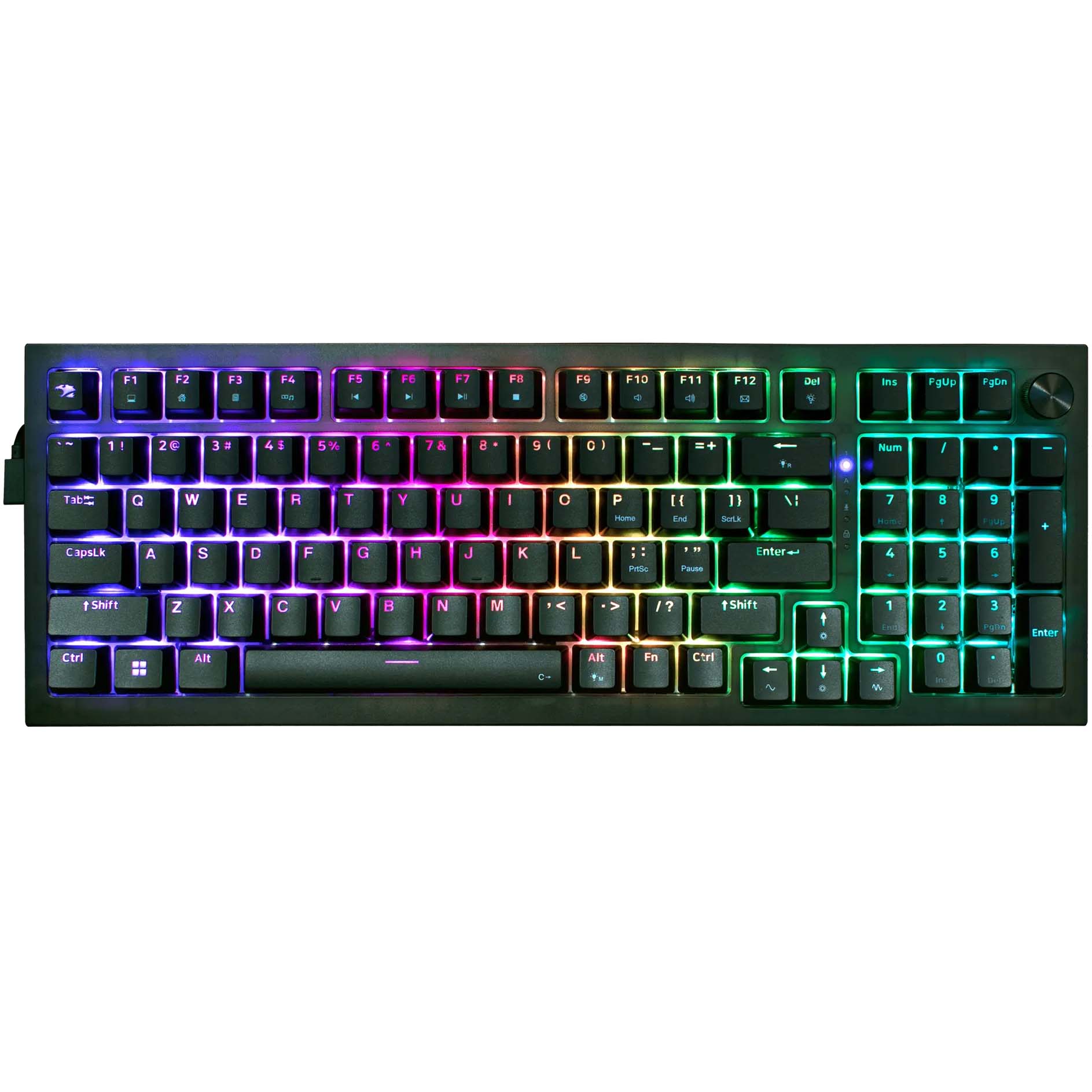 A top-down view of the iBuyPower MK9 Pro RGB Mechanical Keyboard with rainbow RGB turned on.