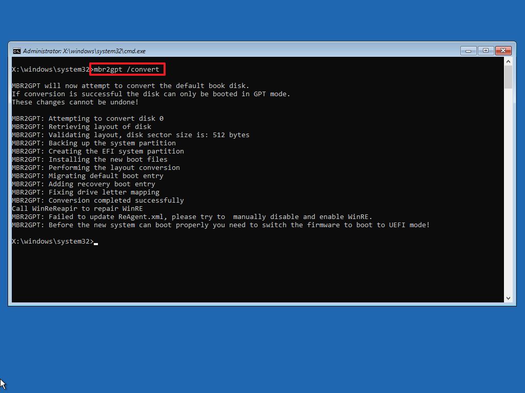 mbr2gpt convert command