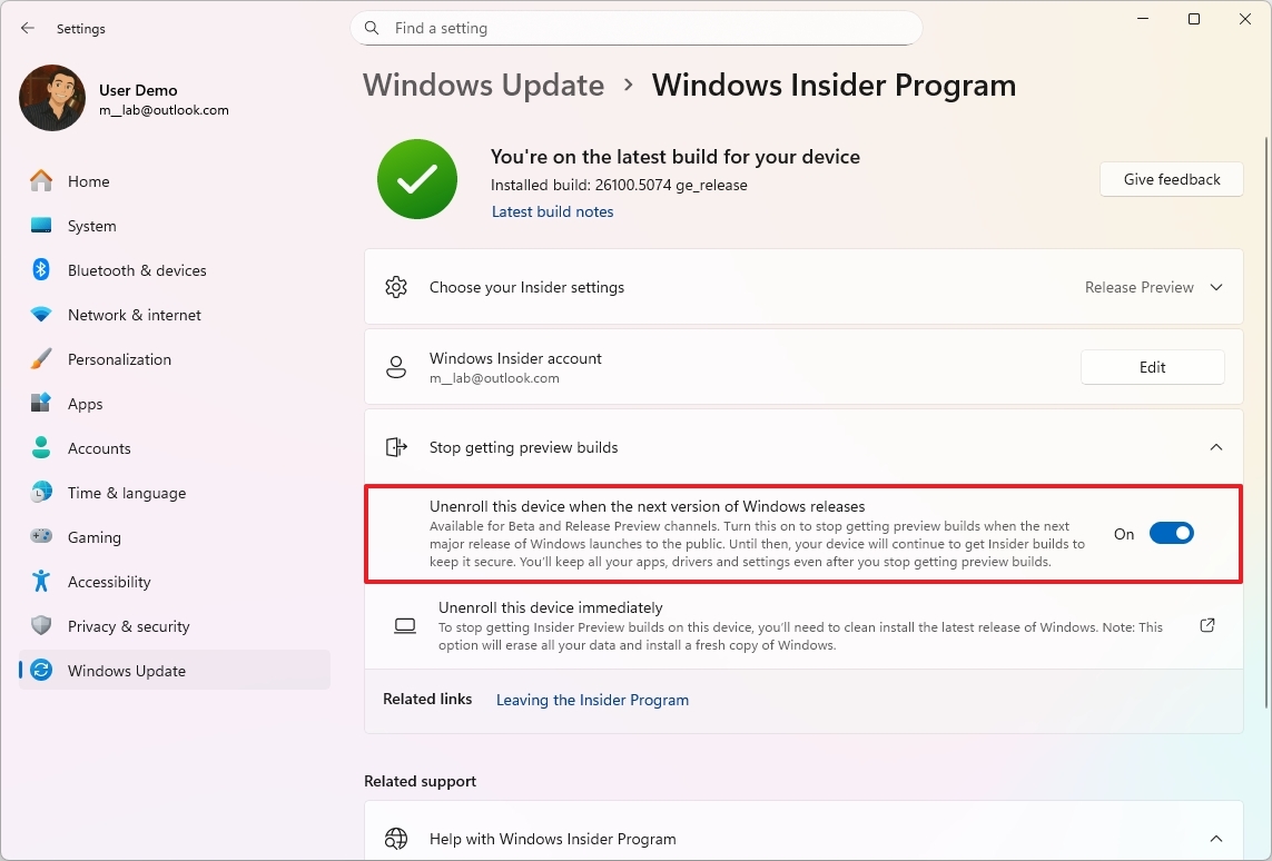 Unenroll this device when the next version of Windows releases