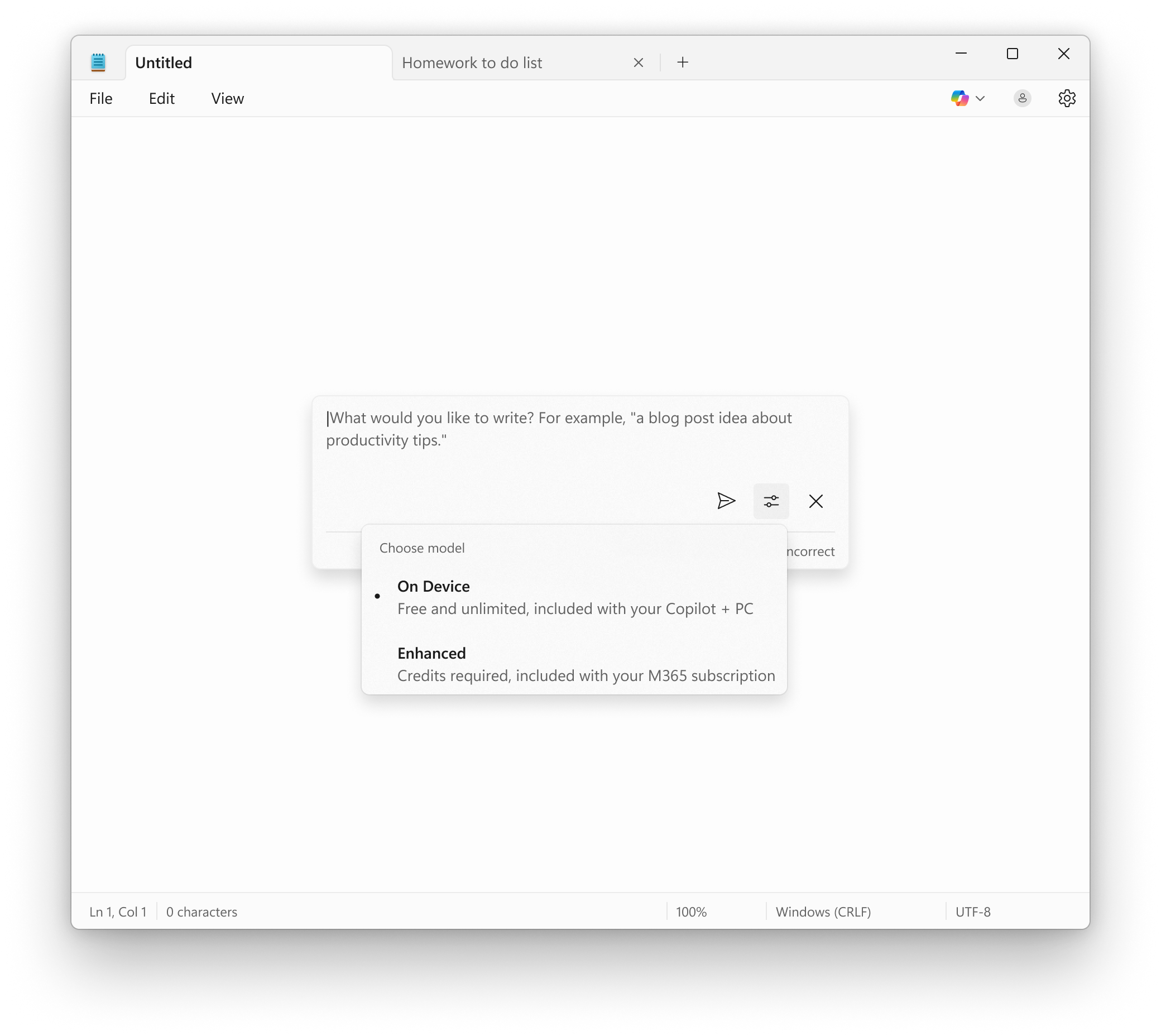 Windows Notepad with local AI generation