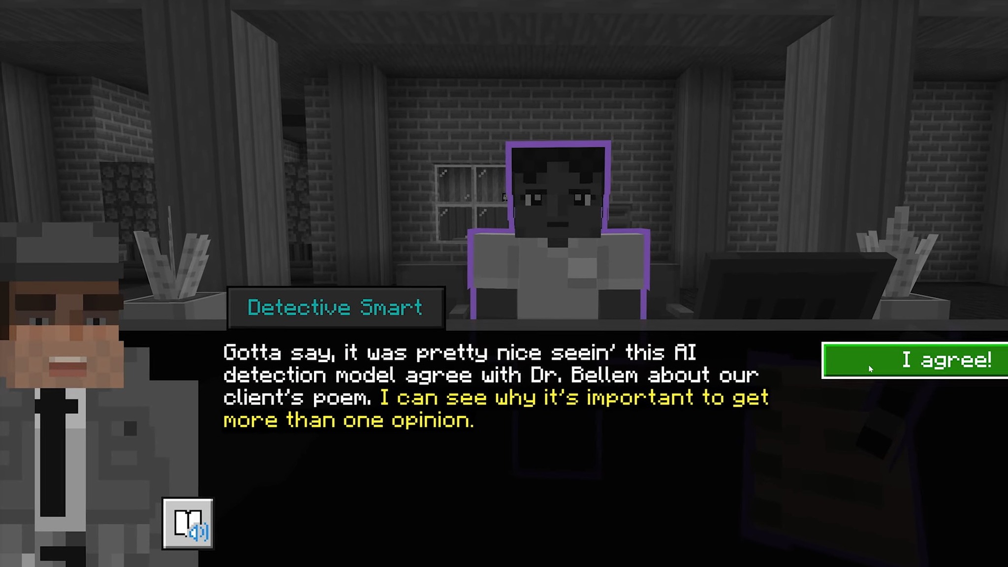Скриншот расследования в Minecraft's Reed Smart: AI Detective.