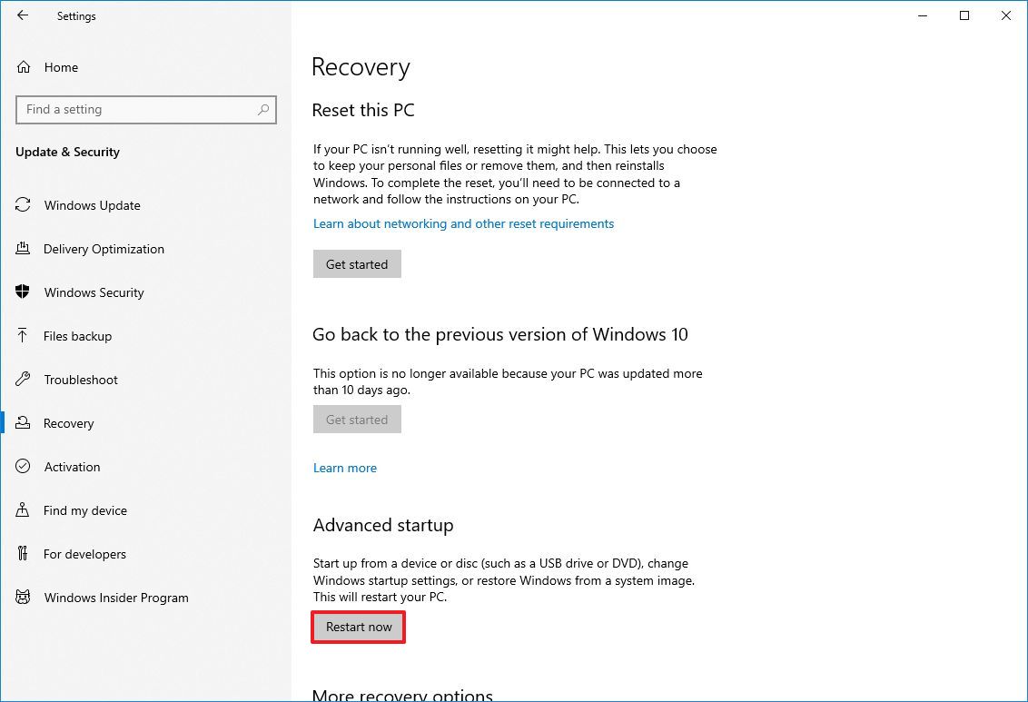 Расширенный запуск Windows 10