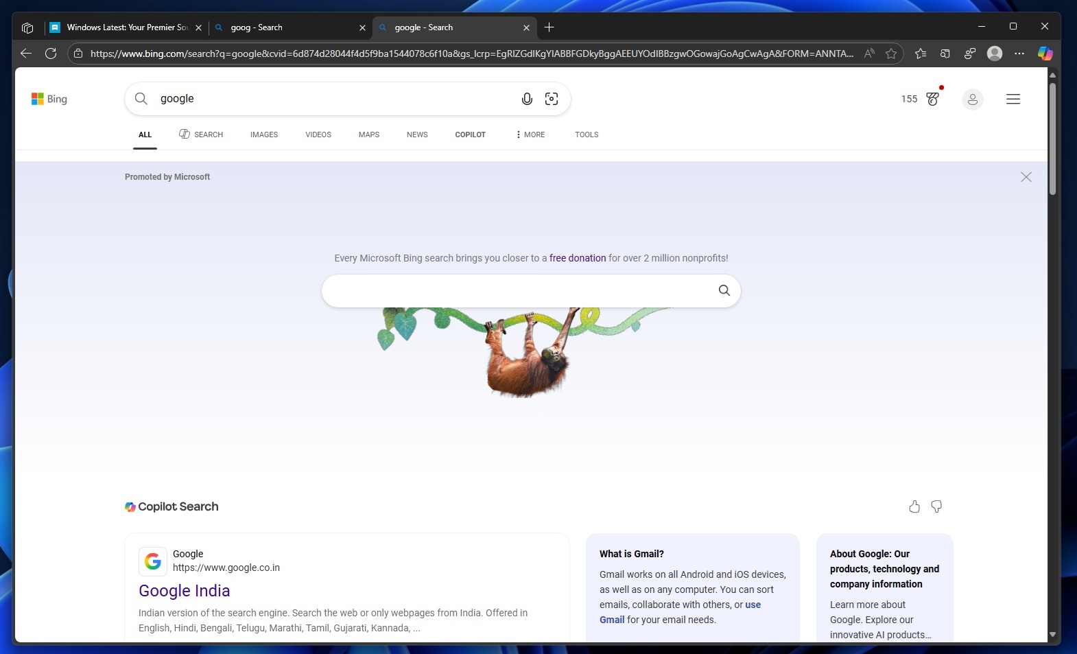 Изображение к статье: Bing уговаривает не использовать Google: поисковик давит на благотворительность - Windows 11 на MSReview.net